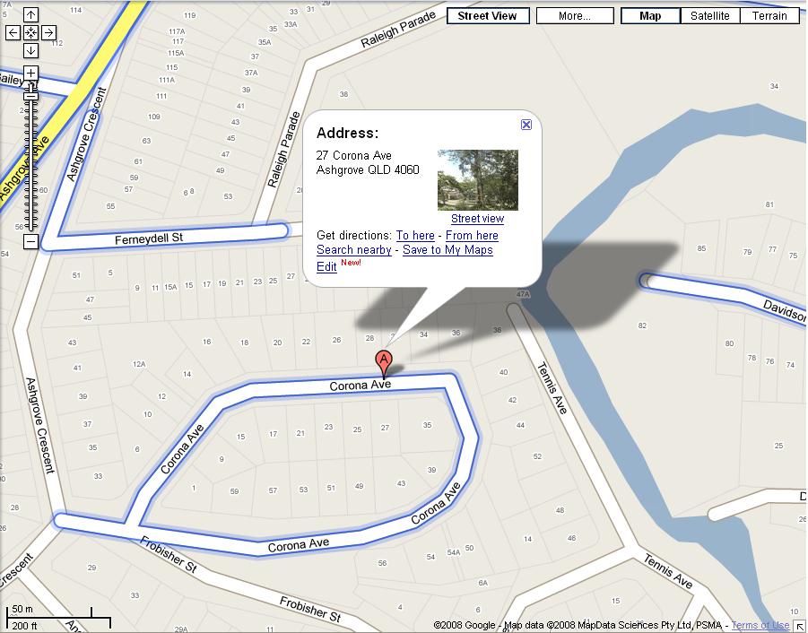 Secondly, we show a closer view of the loaction showind the street numbers for the Electoral Roll address for Walter Harvey Ehrich and Caitlin Therese EHRICH of 27 Corona Avenue, Ashgrove, Queensland 4060 showing that it is just off Ashgrove Avenue Ashgrove, Brisbane Australia between Waterworks Road, Ashgrove, and Enoggera Road, in Newmarket, Brisbane, Queensland, Australia.